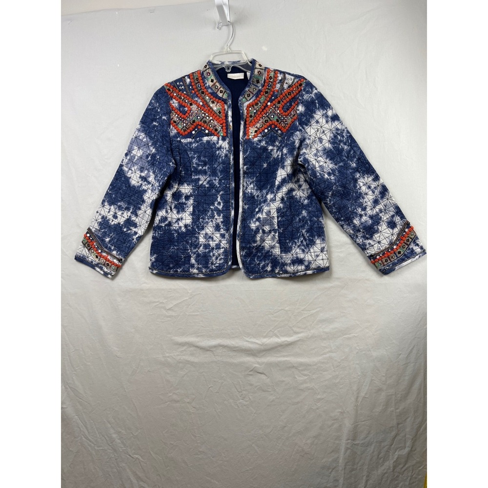 Chico's Quilted Jacket Womens 2 Lg Blue Tie Dye Embroidered Pom Pom Open Front